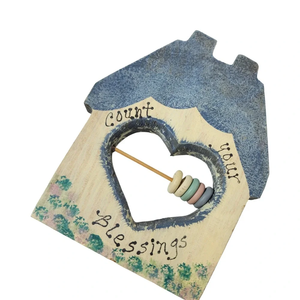 Vintage Count Your Blessings Wooden House Wall Plaque Abacus Heart Cutout Blue